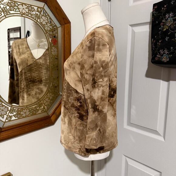 VTG Y2K Only Nine Light Brown Tie Dye Sequin Embroidered 3/4 Sleeve Boho Top M - Picture 4 of 8